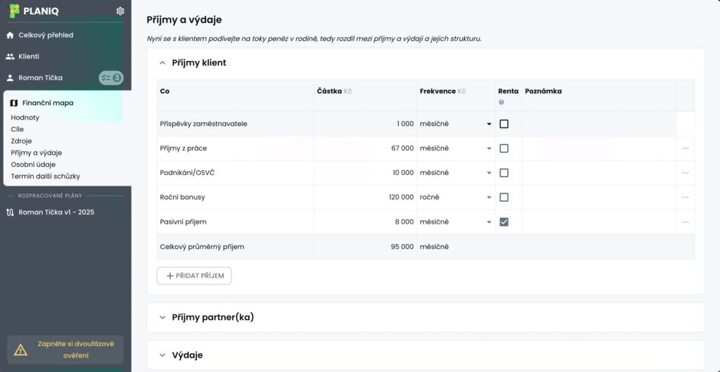 PLANIQ – obrazovka finanční mapy s příjmy a výdaji klienta