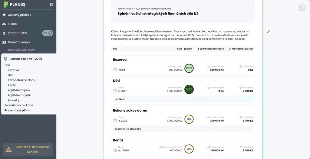 PLANIQ – náhled prezentace finančního plánu pro klienta